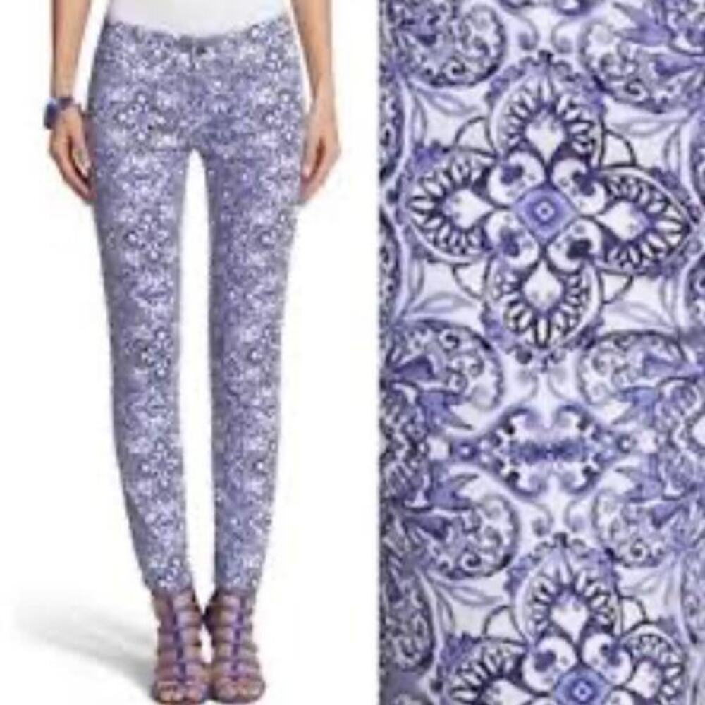 UEC WHITE HOUSE BLACK MARKET Blue & White Print Slim Ankle Denim Jeans Sz 6R